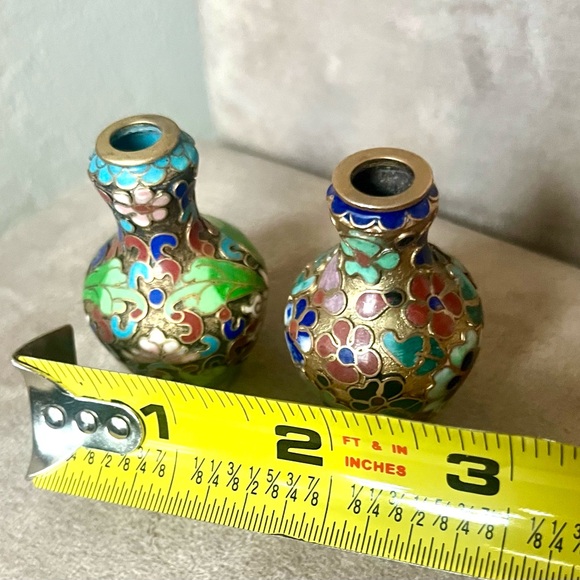 VTG Miniature Vases Chinese Cloisonne Enamel Yellow Brass Multicolor Floral - Picture 10 of 11